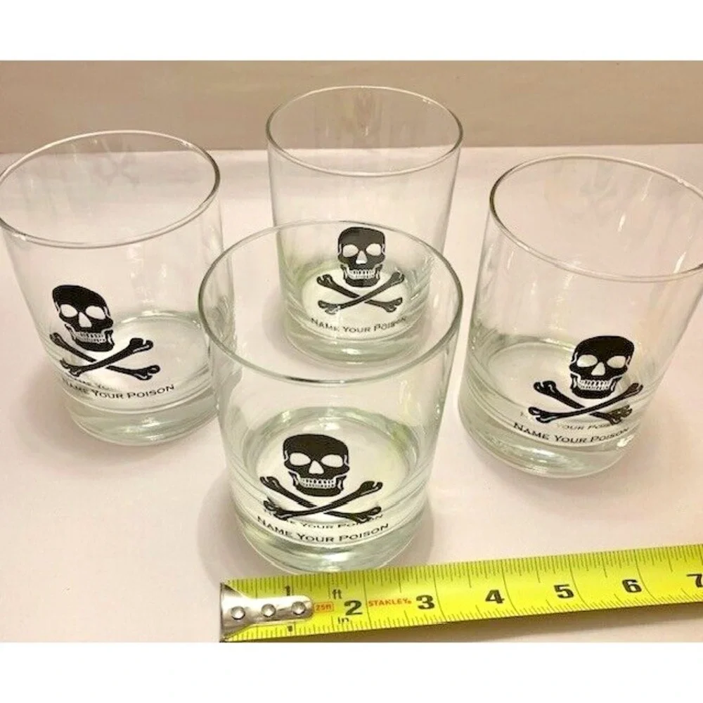 Halloween Skull Crossbones Name Your Poison Rocks Glass VTG MCM Glasses Set 4PC